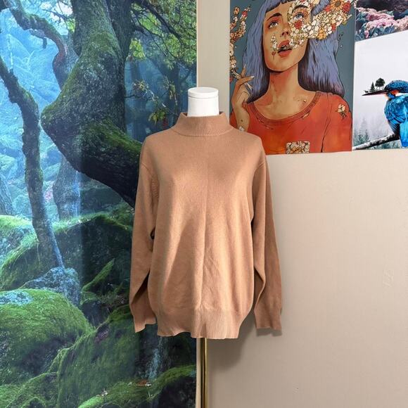 camel cashmere mock neck sweater minimalist neutral knit - Picture 2 of 6